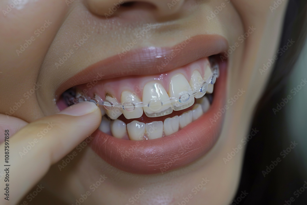 Fototapeta premium A woman is smiling and holding a clear plastic retainer in her mouth. The retainer is white and he is a clear plastic tray.