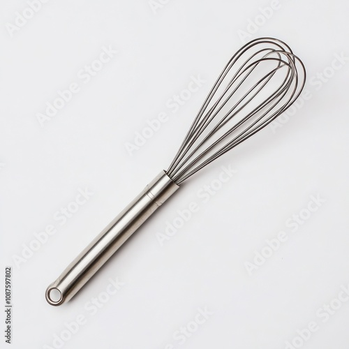 A stainless steel whisk, commonly used for mixing and whipping ingredients in cooking.