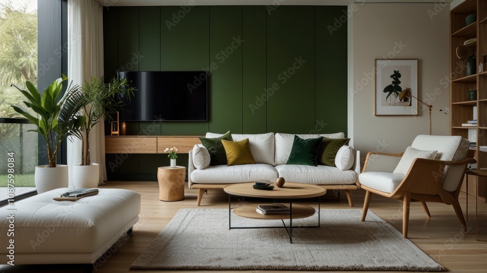 Here's a and keyword list for your stock photo... Modern living room with green accent wall, white sofa, and wooden furniture. Here's a and keyword list for your stock photo... Modern living room with green accent wall, white sofa, and wooden furniture.
