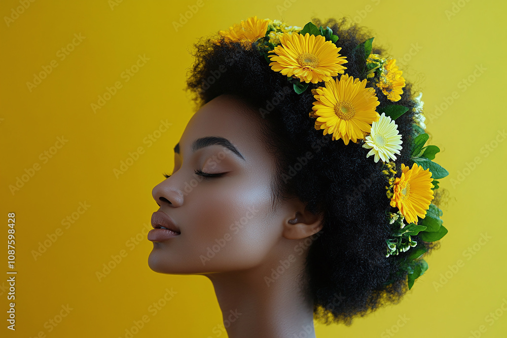 Woman's elegant profile with floral design elements, minimalist style, yellow background.