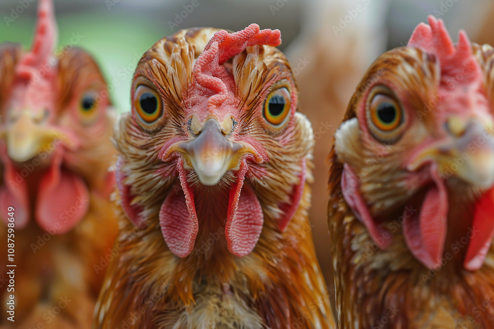 Curious chicken looking at the camera with other chickens blurred in the farm background. Photo with distorted fisheye effect. Farm concept. Curious chicken looking at the camera with other chickens blurred in the farm background. Photo with distorted fisheye effect. Farm concept.