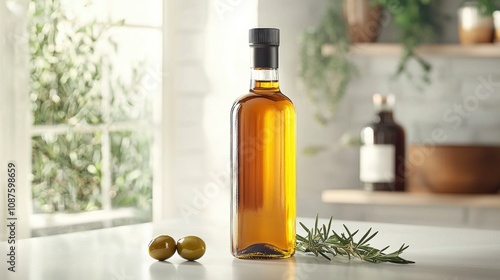 Sleek bottle of premium olive oil artfully displayed on a kitchen countertop with fresh olives and rosemary in a sunlit home setting