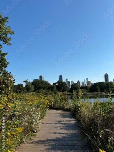 chicago skyline view in a pond park