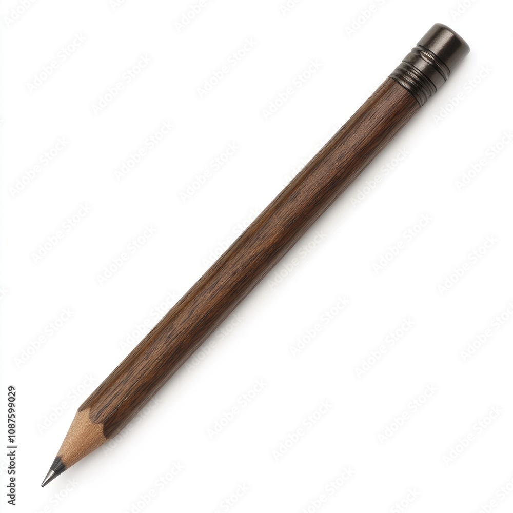 A wooden pencil with a sharpened tip and a metal eraser on one end. A wooden pencil with a sharpened tip and a metal eraser on one end.