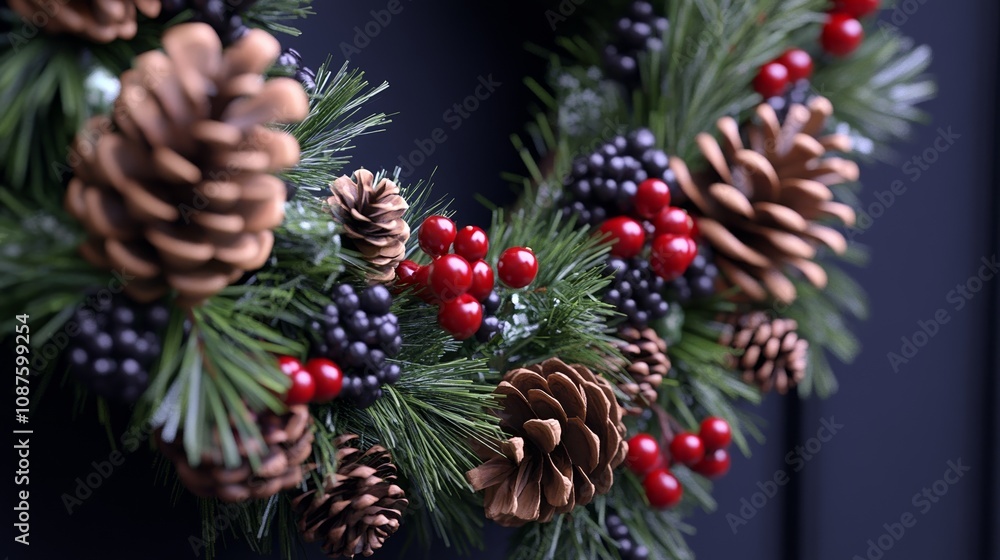 Rustic Christmas Wreath Decorated with Pinecones and Red Berries Rustic Christmas Wreath Decorated with Pinecones and Red Berries