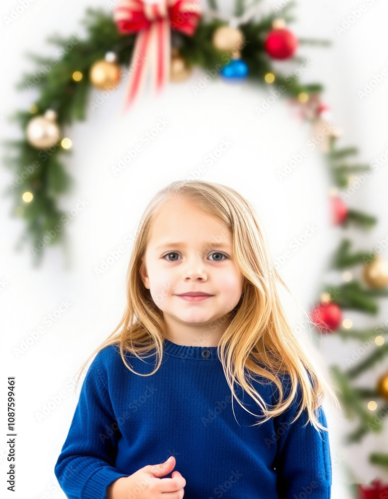 portrait of a child girl on a white background in a blue sweater against the background of a New Year tree portrait of a child girl on a white background in a blue sweater against the background of a New Year tree