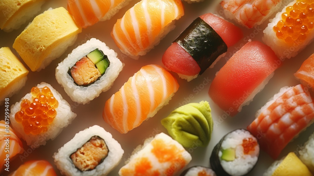 Top-Down View of Japanese Sushi Assortment on Plate Top-Down View of Japanese Sushi Assortment on Plate
