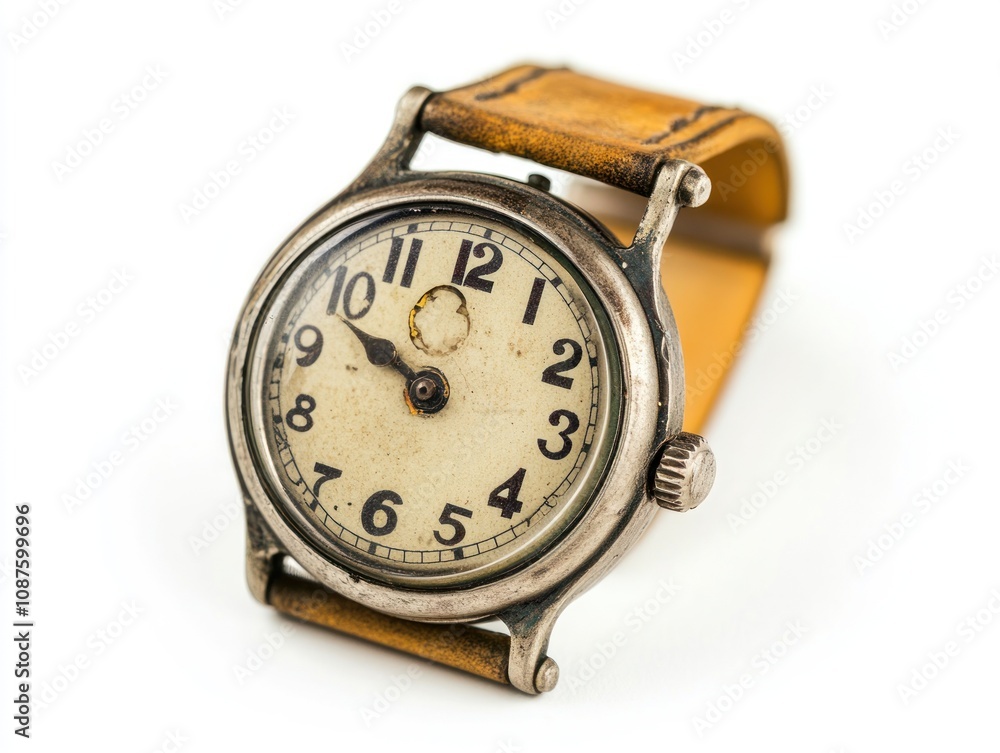 An antique wristwatch with a worn leather strap and vintage dial. An antique wristwatch with a worn leather strap and vintage dial.