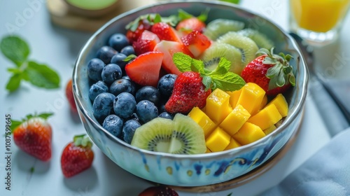 A colorful fruit bowl with strawberries, blueberries