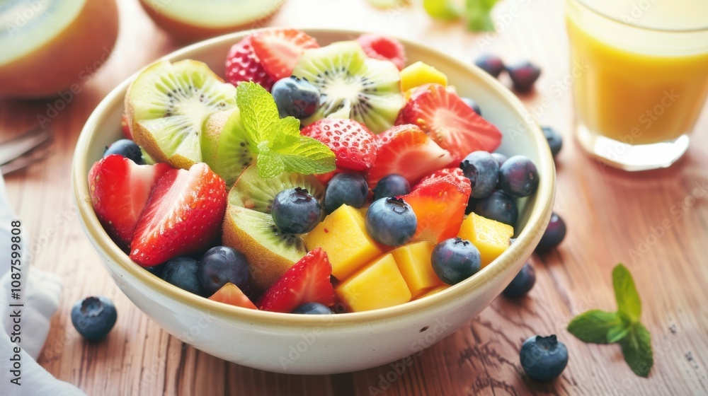 A colorful fruit bowl with strawberries, blueberries A colorful fruit bowl with strawberries, blueberries