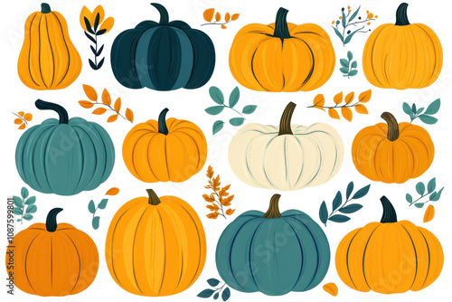 Decorative pumpkins in different shapes and colors with leaves on light background