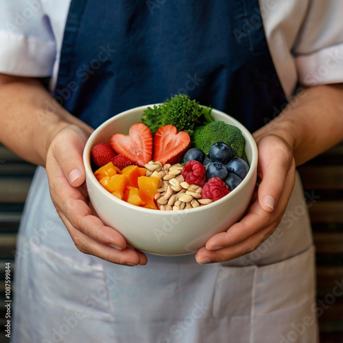 A chef in a white shirt and apron presents a bowl filled with fresh fruits, nuts, and vegetables. The colorful arrangement highlights healthy eating in a contemporary kitchen. Generative AI