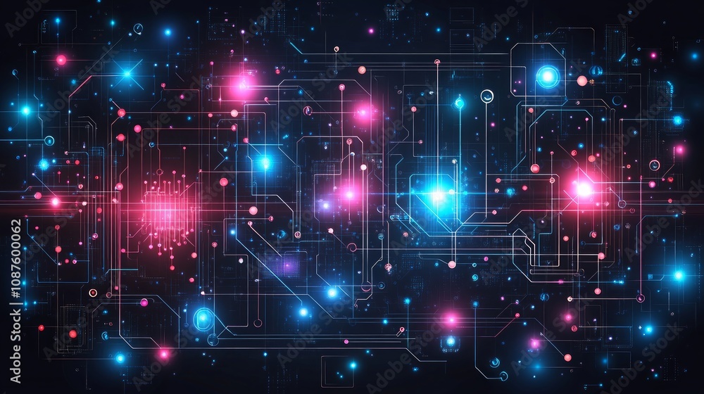 Abstract digital technology background with glowing circuit lines and nodes. Abstract digital technology background with glowing circuit lines and nodes.