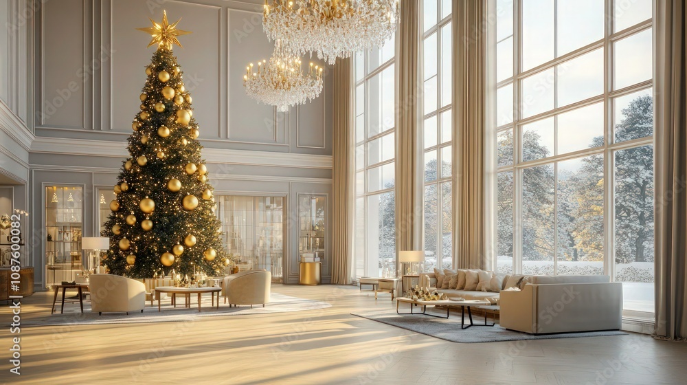 A light-filled classical room featuring a grand Christmas tree with gold ornaments, soft lighting from chandeliers. A light-filled classical room featuring a grand Christmas tree with gold ornaments, soft lighting from chandeliers.