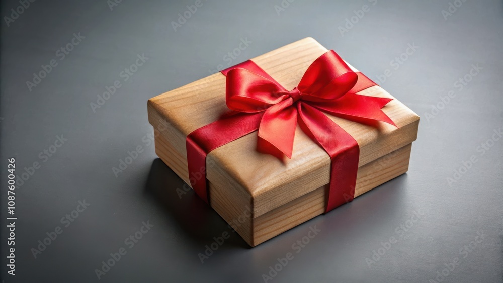 Fototapeta premium A simple wooden gift box with a bright red ribbon bow, signifying celebration and a special occasion.