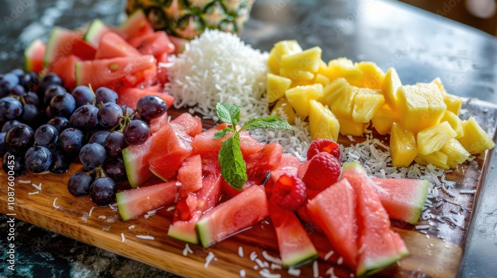A colorful fruit platter with sliced watermelon, pineapple A colorful fruit platter with sliced watermelon, pineapple