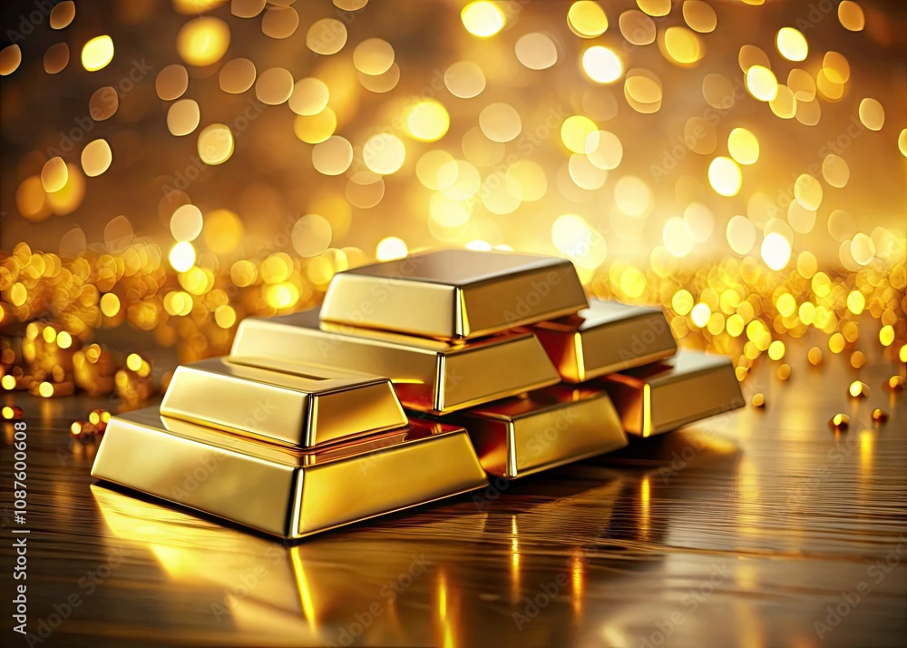 Minimalist 3D Illustration of Shiny Gold Bars with Bokeh Lights for Luxury and Wealth Representation