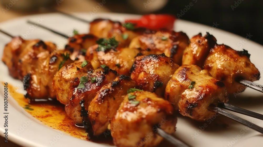 Close-up of grilled chicken skewers on a white plate with a garnish of parsley and a red pepper. Close-up of grilled chicken skewers on a white plate with a garnish of parsley and a red pepper.