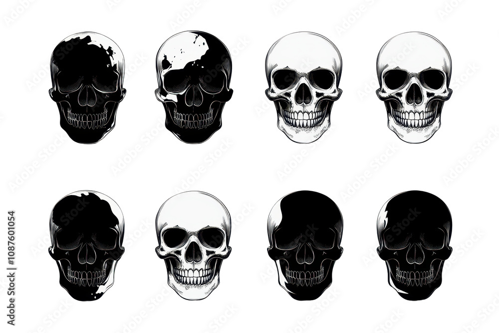 Skull silhouettes on isolated for artistic and design purposes Skull silhouettes on isolated for artistic and design purposes