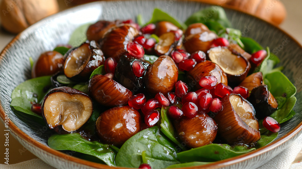 A simple and elegant fall salad with roasted chestnuts, spinach, pomegranate, and a balsamic vinaigrette dressing. A simple and elegant fall salad with roasted chestnuts, spinach, pomegranate, and a balsamic vinaigrette dressing.