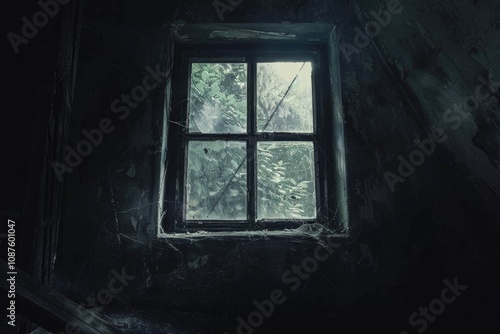 Dark Window. Creepy Horror Scene with Ghostly Light and Shadows in Abandoned House