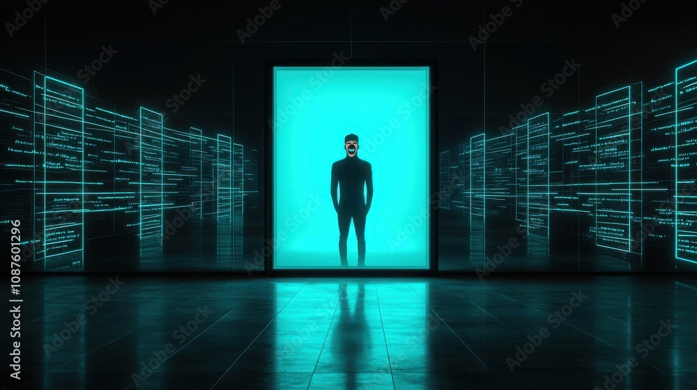 A silhouette of a person in a futuristic, digital environment. A silhouette of a person in a futuristic, digital environment.