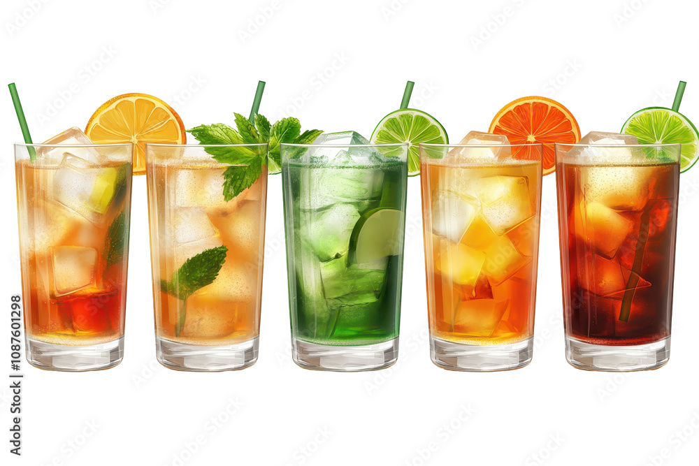 Colorful summer cocktails in tall glasses with ice and fresh fruits for refreshment Colorful summer cocktails in tall glasses with ice and fresh fruits for refreshment