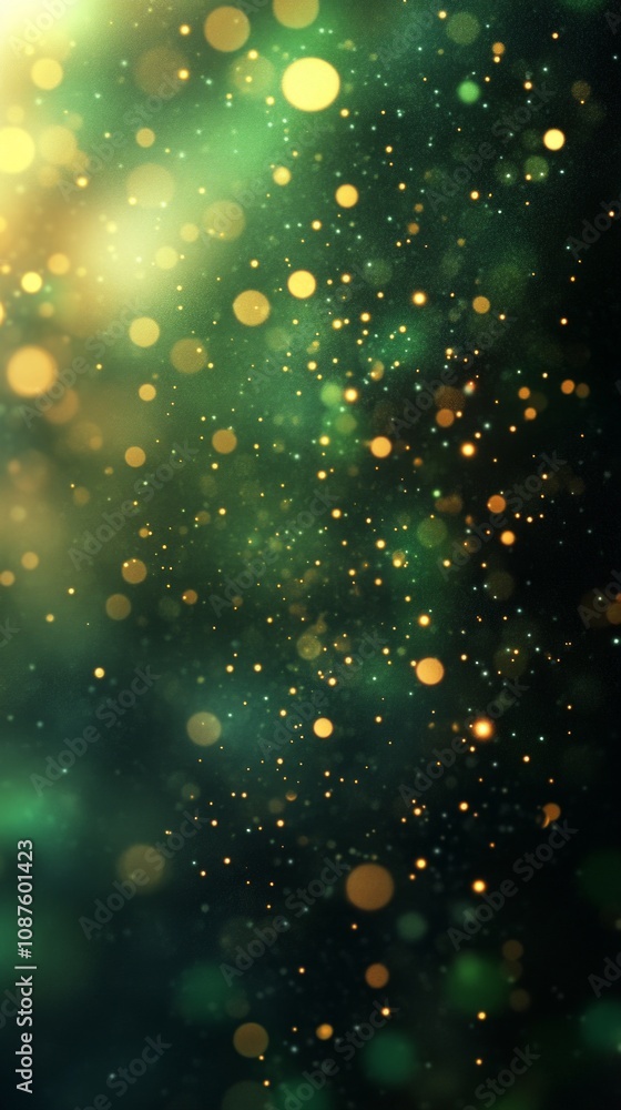 Abstract background with glowing green and gold bokeh lights, creating a festive and magical atmosphere, perfect for celebrations and holidays Abstract background with glowing green and gold bokeh lights, creating a festive and magical atmosphere, perfect for celebrations and holidays