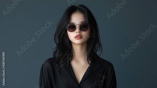 Wallpaper Mural A woman with dark hair and sunglasses is standing in front of a blue background Torontodigital.ca