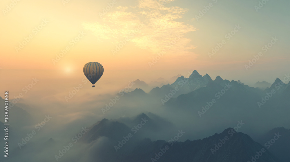 Fototapeta premium A single hot air balloon flying over mountains at dawn, surrounded by misty clouds