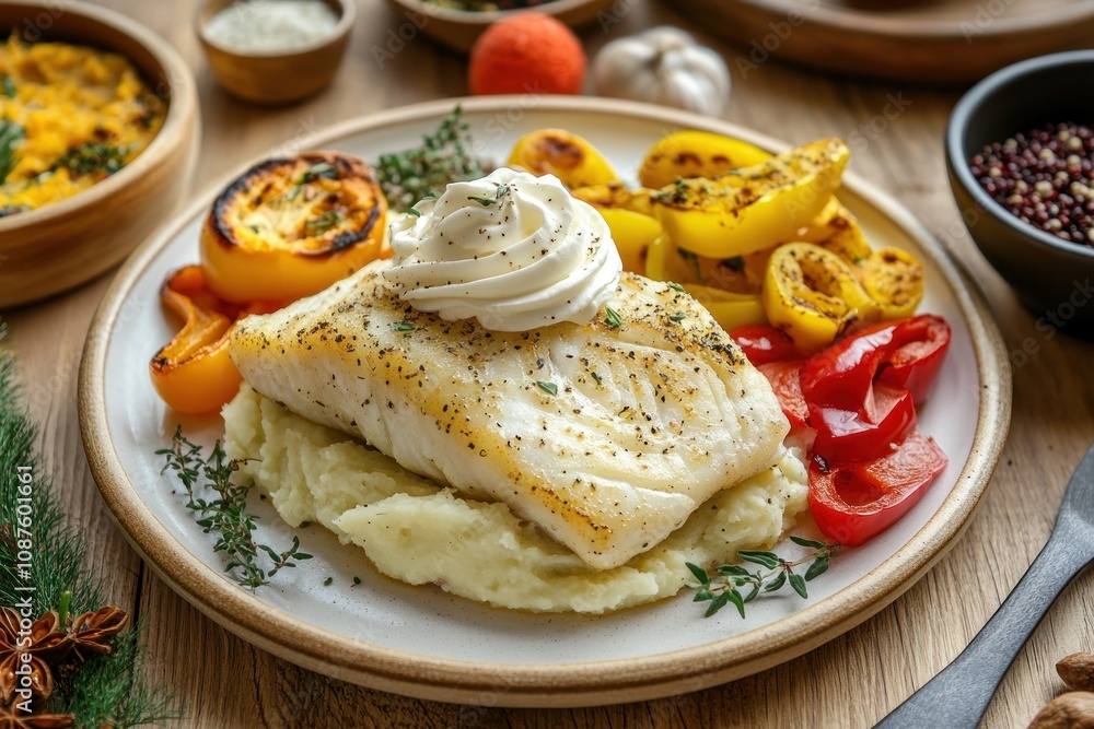 A plated dish featuring fish, mashed potatoes, and roasted vegetables, garnished with herbs. A plated dish featuring fish, mashed potatoes, and roasted vegetables, garnished with herbs.