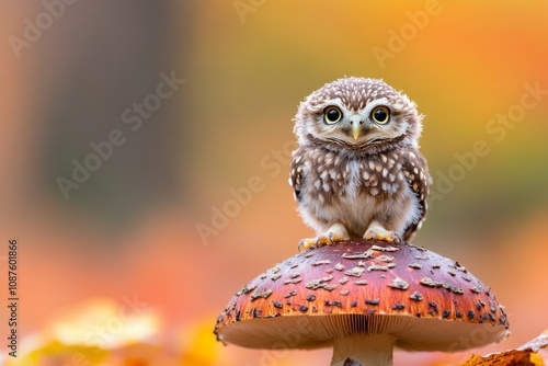 A baby owl perched on a mushroom cap at dusk with a glowing forest ambiance in the background photo