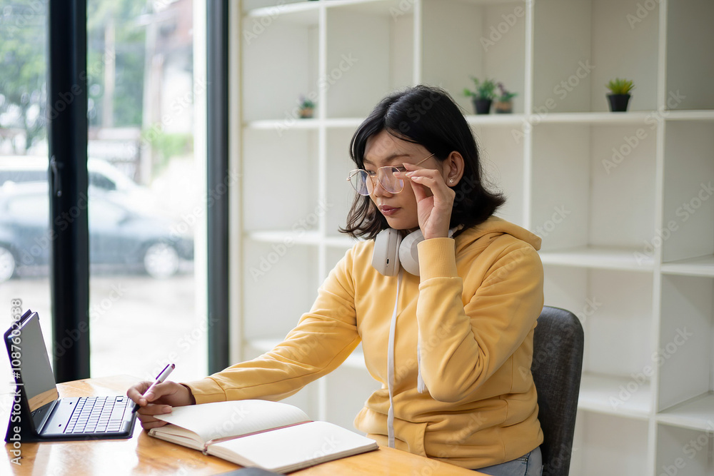 Intelligent young woman having online lessons on laptop, drinking coffee and taking notes, Intelligent young woman having online lessons on laptop, drinking coffee and taking notes,