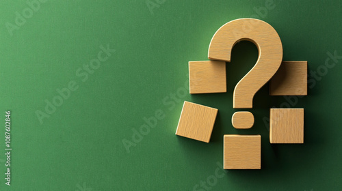 Wooden question mark surrounded by square wooden blocks against a textured green background, symbolizing puzzles or unanswered questions photo