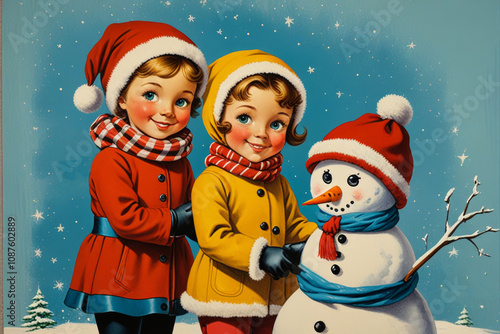 Joyful children building a snowman in winter attire against a snowy backdrop during the festive holiday season photo