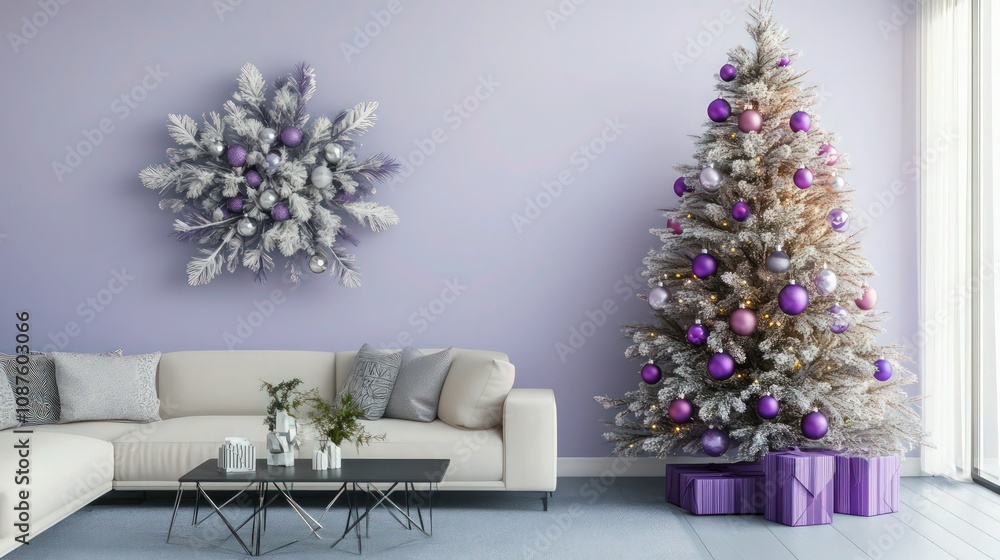 A chic, modern living room with pastel lavender walls, featuring a Christmas tree with purple and silver decorations, minimalistic wall art, and geometric accent pieces on the coffee table. A chic, modern living room with pastel lavender walls, featuring a Christmas tree with purple and silver decorations, minimalistic wall art, and geometric accent pieces on the coffee table.