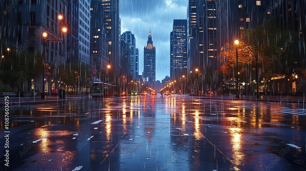 City boulevard at dusk in rainstorm with shimmering reflections City boulevard at dusk in rainstorm with shimmering reflections