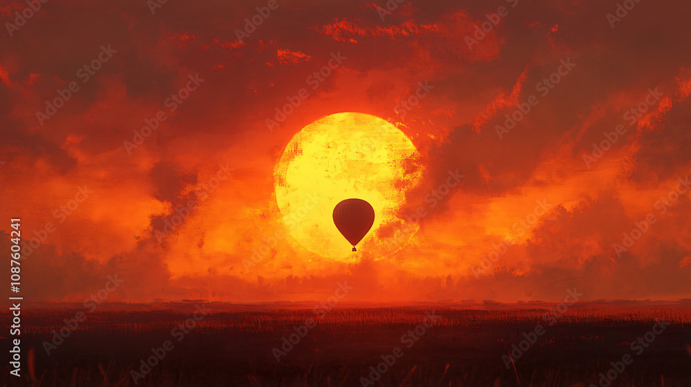 Obraz premium A single hot air balloon silhouetted against a fiery orange sunset over the plains