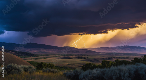 Uma tempestade dramática se formando sobre as montanhas com nuvens escuras e relâmpagos distantes iluminando o vale na luz do entardecer photo