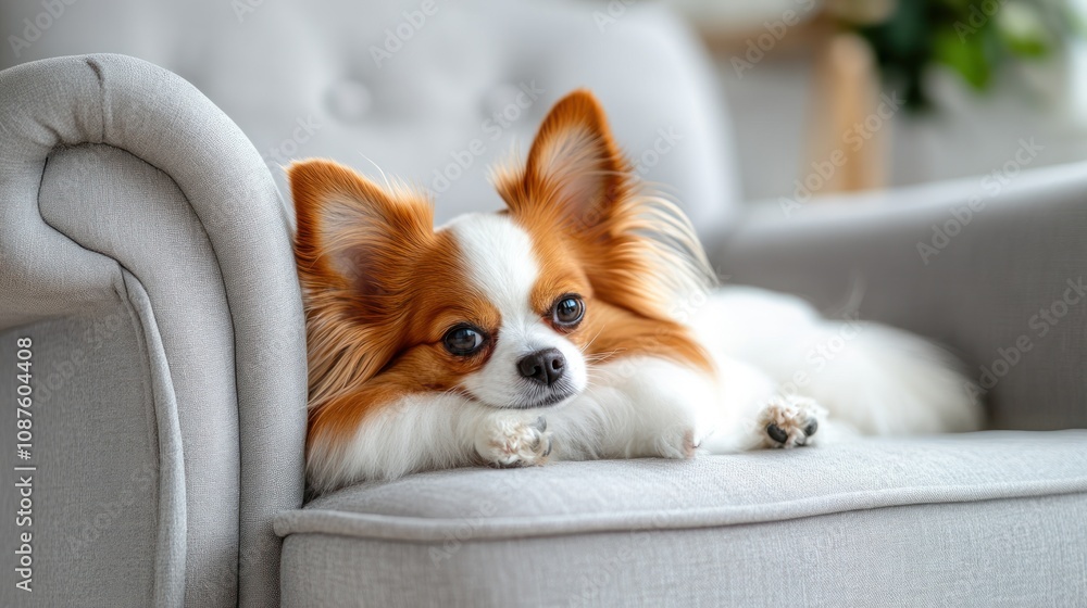 A relaxed dog lounging on a cozy chair in a bright, modern living space. A relaxed dog lounging on a cozy chair in a bright, modern living space.