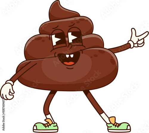 Cartoon poop emoji, happy toilet shit emoticon, funny poo excrement character with a confident expression, pointing with one hand, wearing sneakers and gloves, exuding a laid-back and humorous vibe