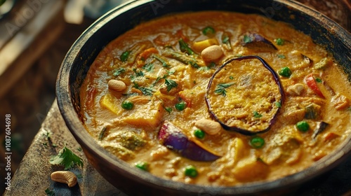 A vibrant bowl of curry with vegetables, garnished with peanuts and herbs.