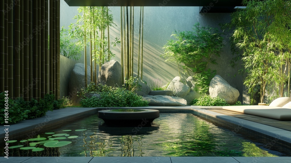 Tranquil Healing Space with Bamboo, Calming Water, and Medicinal Herbs Surrounded by Lush Greenery in an Inviting Garden Setting Tranquil Healing Space with Bamboo, Calming Water, and Medicinal Herbs Surrounded by Lush Greenery in an Inviting Garden Setting