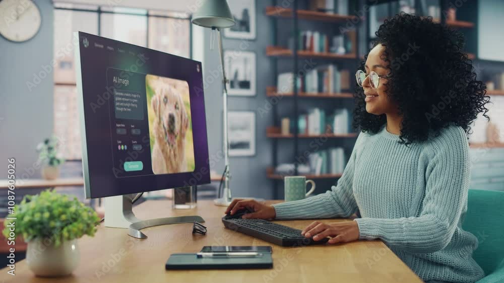 Black Woman Uses a Computer With an Ai Chatbot Interface. Screen Displays an Image Generation Feature, Showing a Cute Golden Retriever Forming. Modern Creative Woman Works With Artificial Intelligence