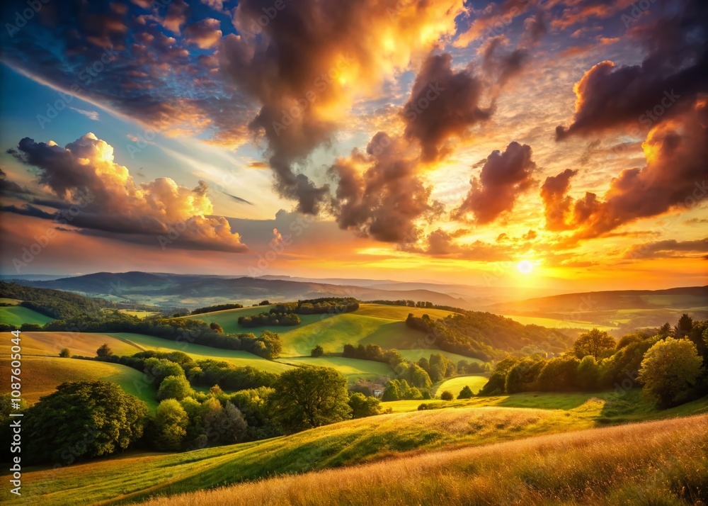 Fototapeta premium Surreal Sunset Over Countryside: A Dreamlike Landscape with Vivid Colors, Rolling Hills, and Ethereal Clouds Reflecting Warm Hues in a Tranquil Evening Scene