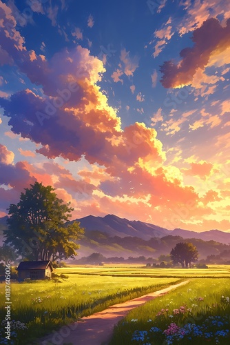 An incredible nature landscape featuring lush green meadows bathed in evening sunlight, with a rural road and a hunter's hut set against a dramatically colorful sky.