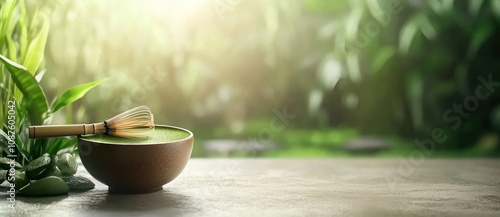 A serene setting featuring a bowl of matcha tea and a whisk surrounded by lush greenery.