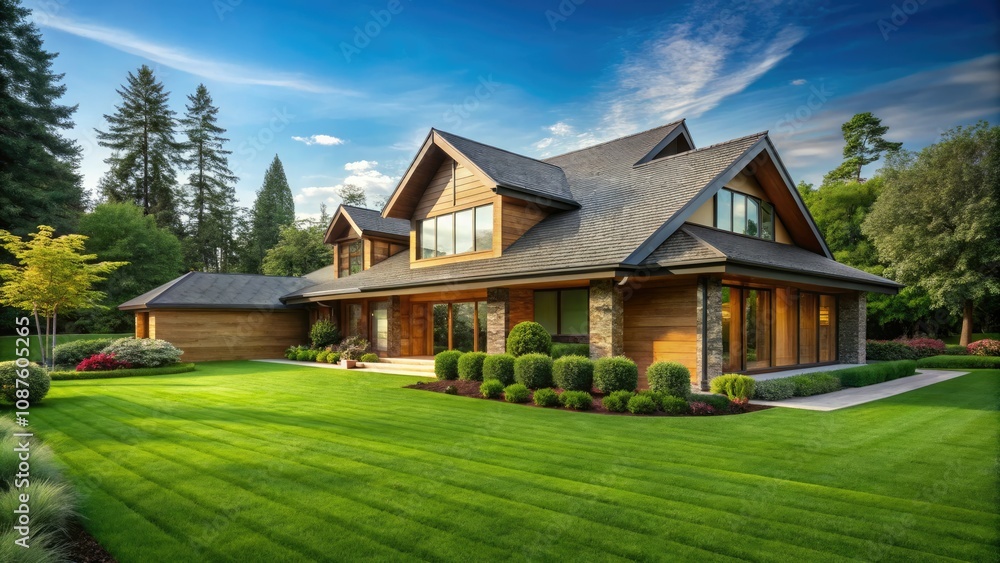 Modern Home with Cedar Shake Roof Surrounded by Lush Green Lawn – Minimalist Photography Modern Home with Cedar Shake Roof Surrounded by Lush Green Lawn – Minimalist Photography