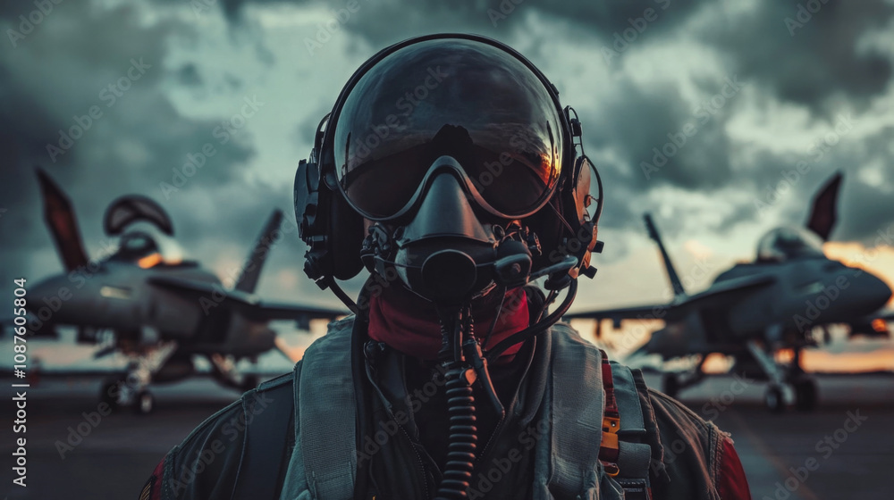 Pilot in front of military plane Pilot in front of military plane