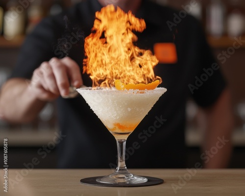 Flaming cocktail creation bar setting beverage photography dynamic atmosphere close-up view